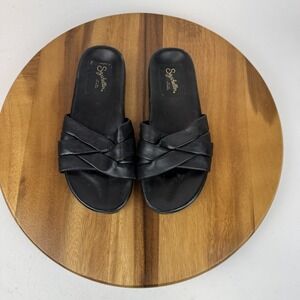New Womens Seychelles Low Key Glow Up Black Leather Slide Sandals Size 9 M NWOB